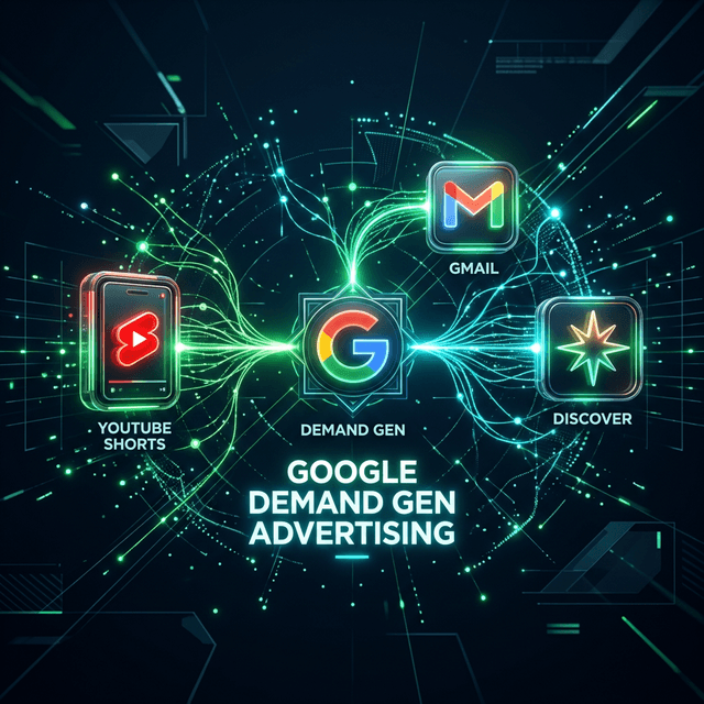 High-tech 3D visualization representing Google Demand Gen advertising connecting YouTube Shorts, Gmail, and Discover.