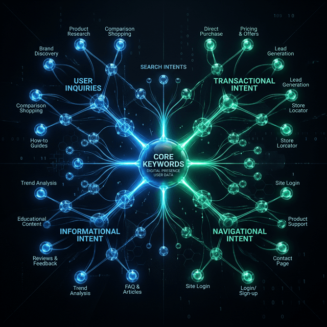 Infographic showing keywords expanding into a glowing neural network of search intents