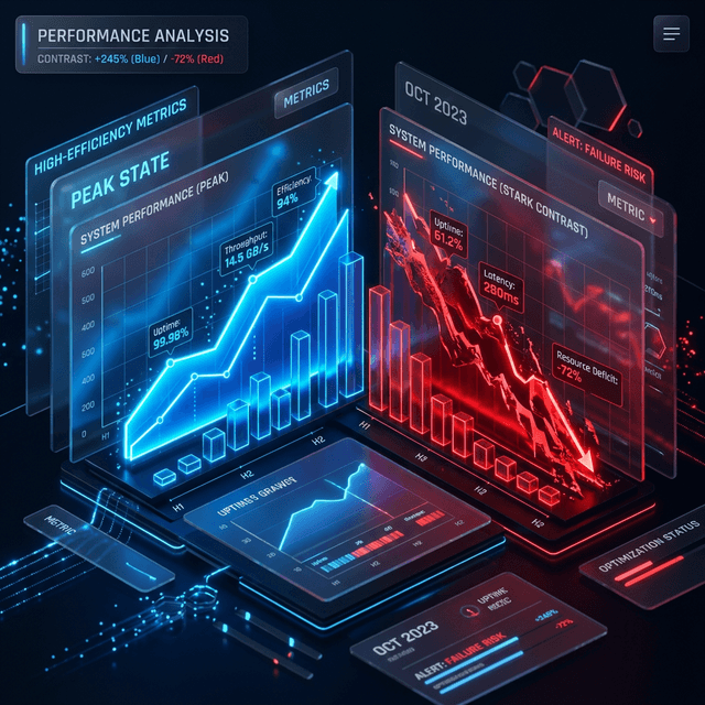 High-tech data visualization chart contrasting high-efficiency metrics with failure risk