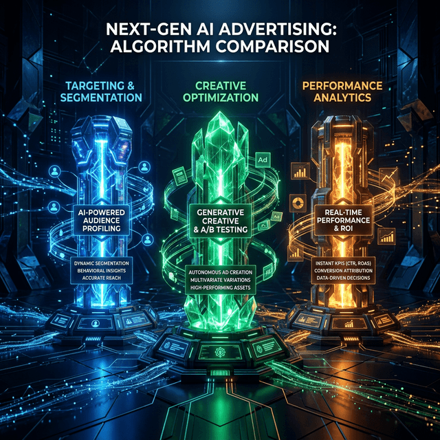 Comparison of three glowing data core pillars representing different AI advertising algorithms
